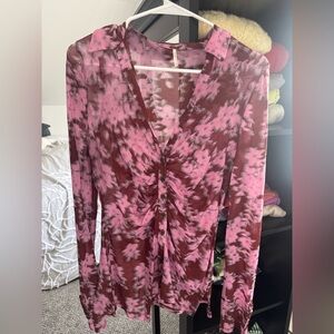 Free People Pink and Maroon Mesh Long Sleeve Button Up
